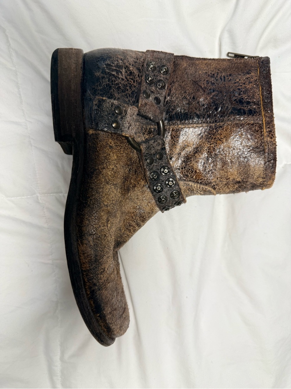 Frye Philip Moto Studded Distressed Brown Leather Ankle Boots - Picture 9 of 16